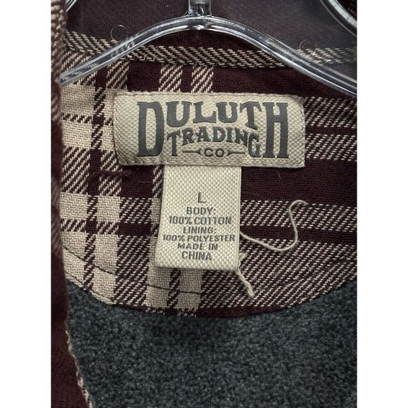 Duluth Burgundy/Cream Plaid Button Up Flannel Jacket Size Large Fleece Lined - Picture 3 of 7